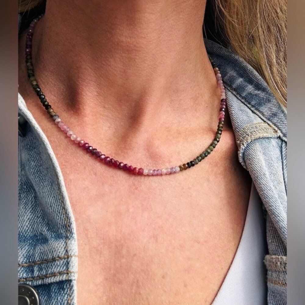 Watermelon Tourmaline Beaded Necklace Pink Green Ombre Gemstone Healing Jewelry - Picture 2 of 16